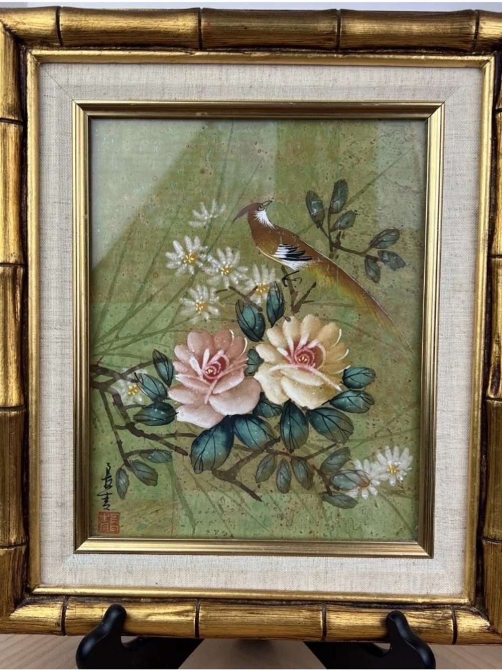 Vintage Mid-Century Asian Bird & Flower Watercolor Painting on Cork Paper Taiwan